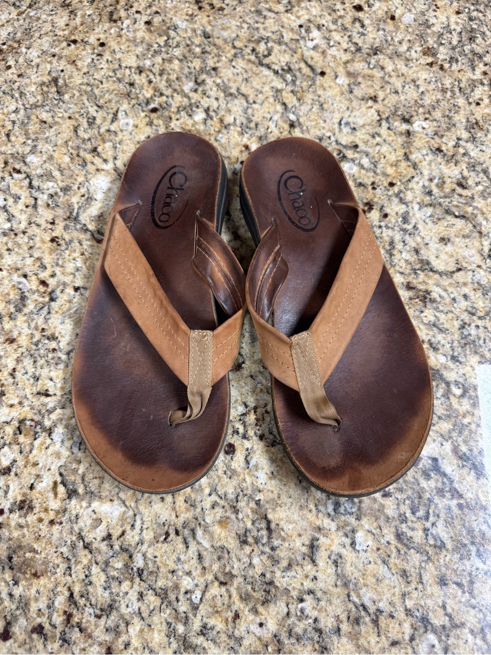 Chaco Brown and Tan Leather Flip Flops